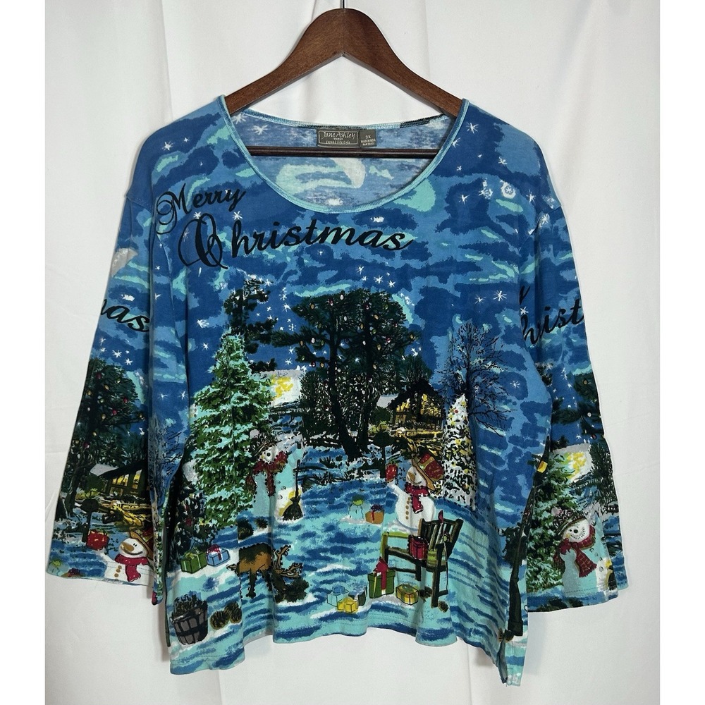 Vintage Jane Ashley Christmas Sweater Womens 3X Beaded Village Lights Snowman‎